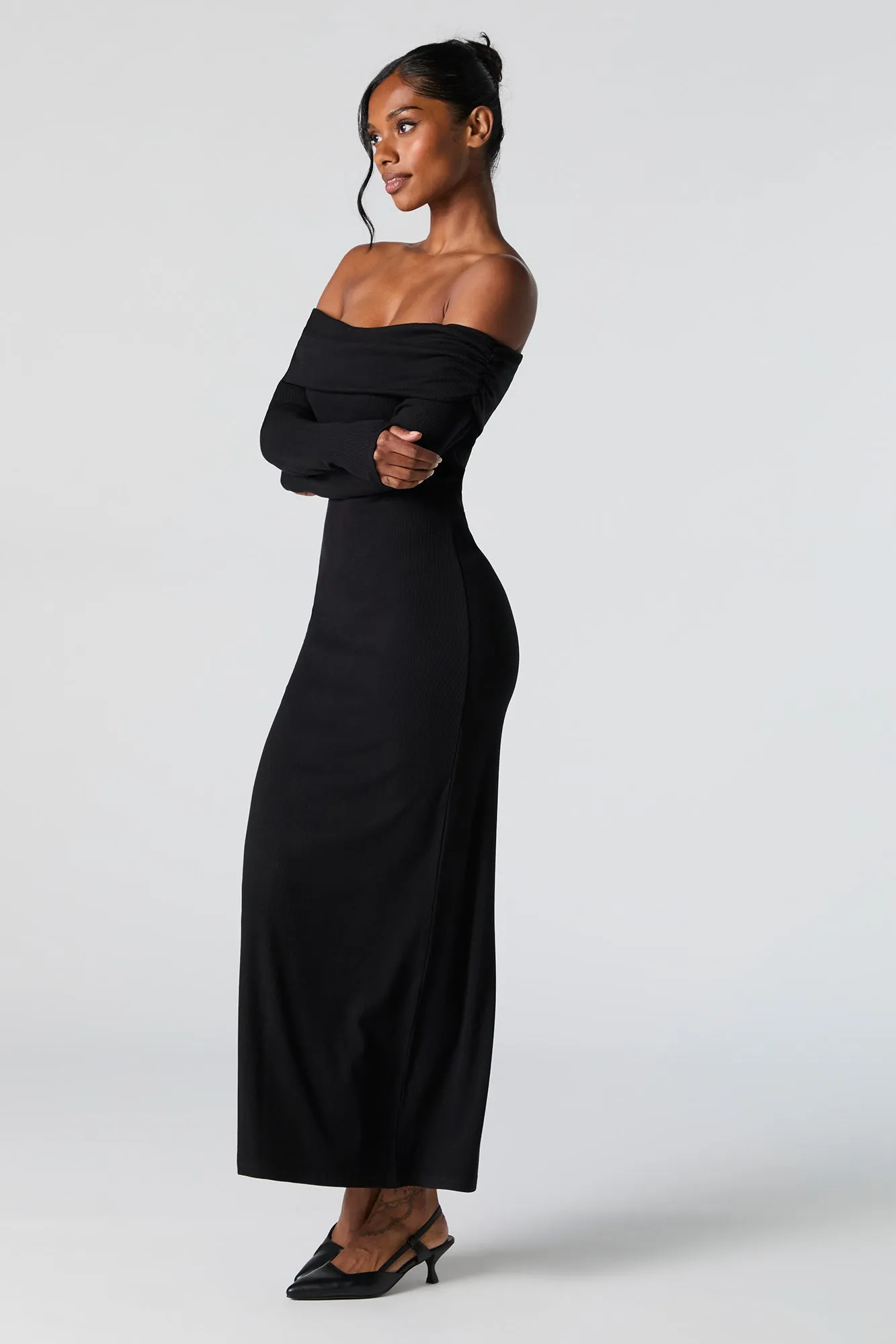 Ribbed Off Shoulder Long Sleeve Maxi Dress sold by Charlotte Russe product image thumbnail 5