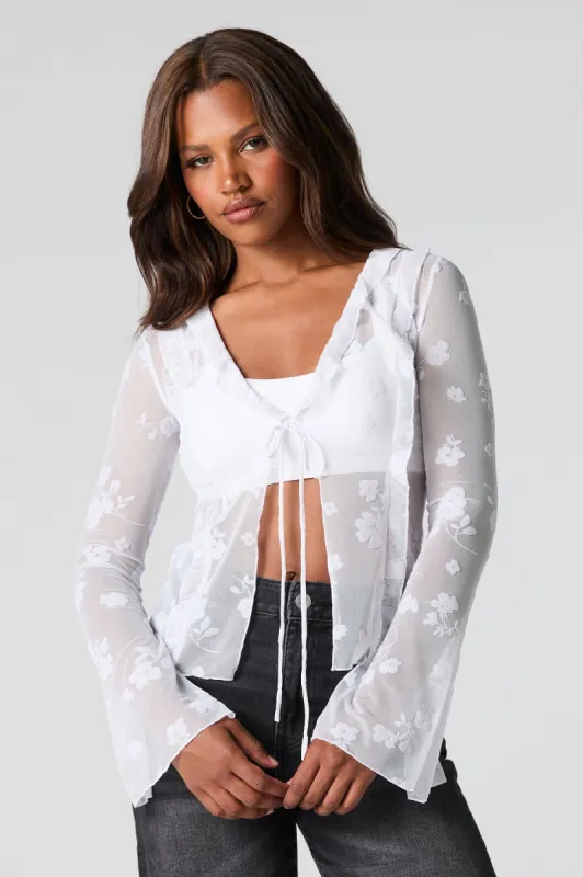 Floral Mesh Tie Front Long Sleeve Top sold by Charlotte Russe