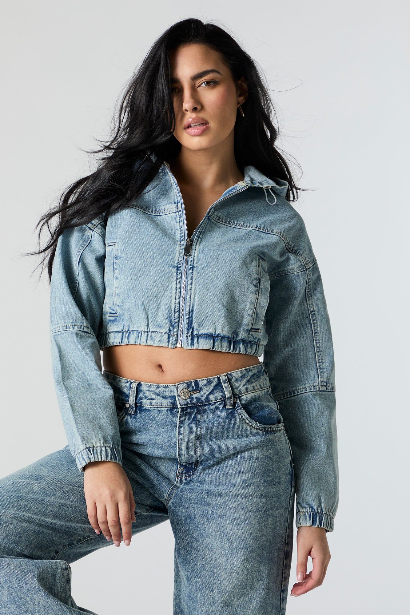 Denim Cropped Zip-Up Hoodie sold by Charlotte Russe product image thumbnail 4