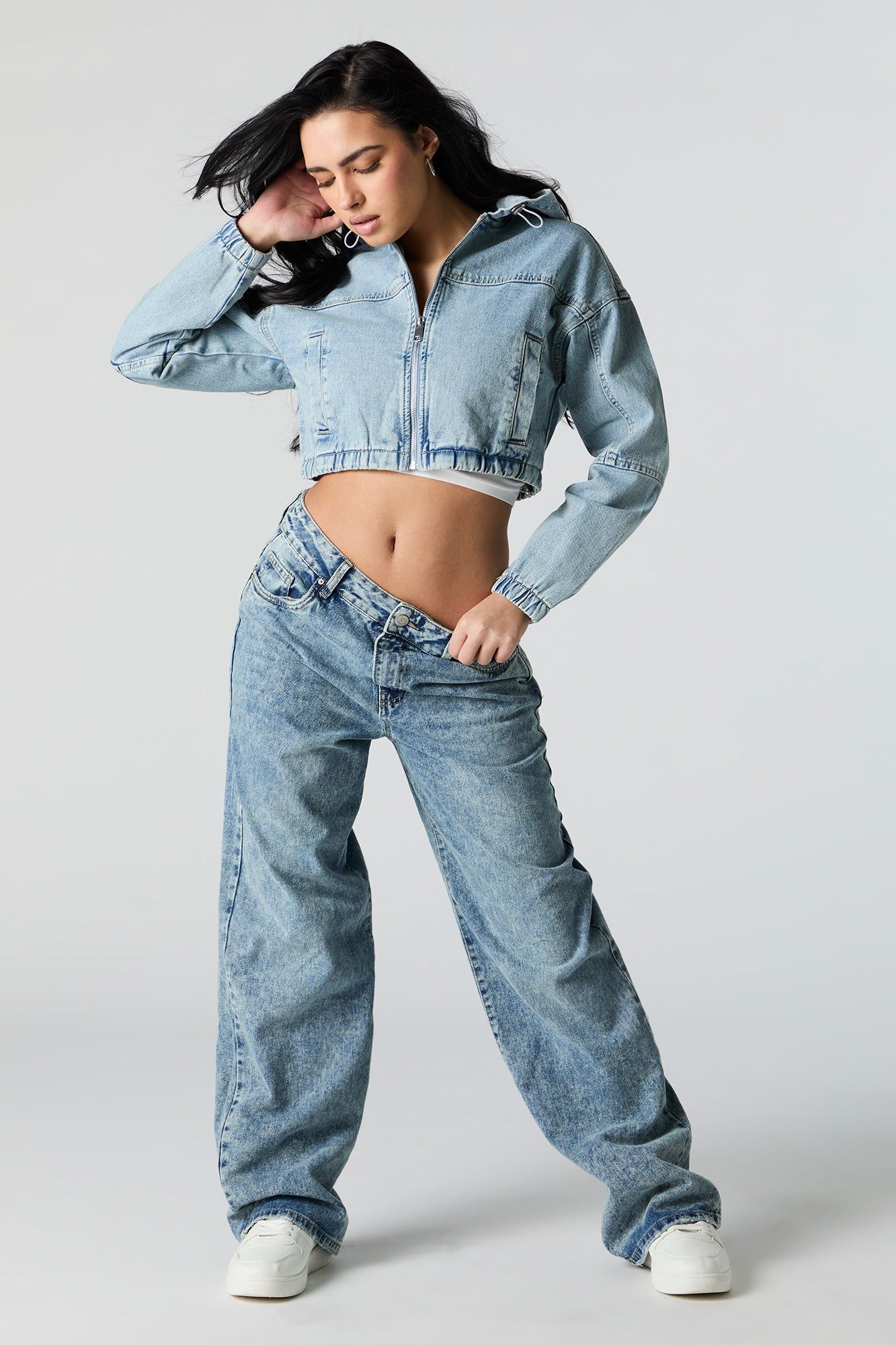 Denim Cropped Zip-Up Hoodie sold by Charlotte Russe product image thumbnail 3