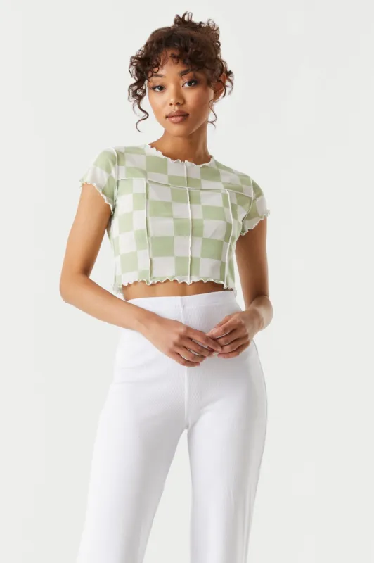 Mesh Checkered Print Exposed Seam Crop Top sold by Charlotte Russe