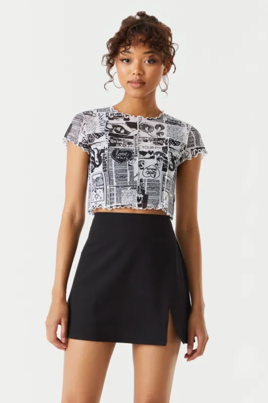 Mesh Newspaper Print Exposed Seam Crop Top sold by Charlotte Russe