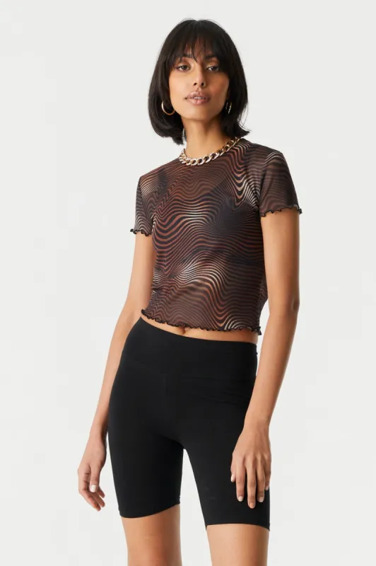 Warped Stripes Lettuce Hem Mesh T-Shirt sold by Charlotte Russe