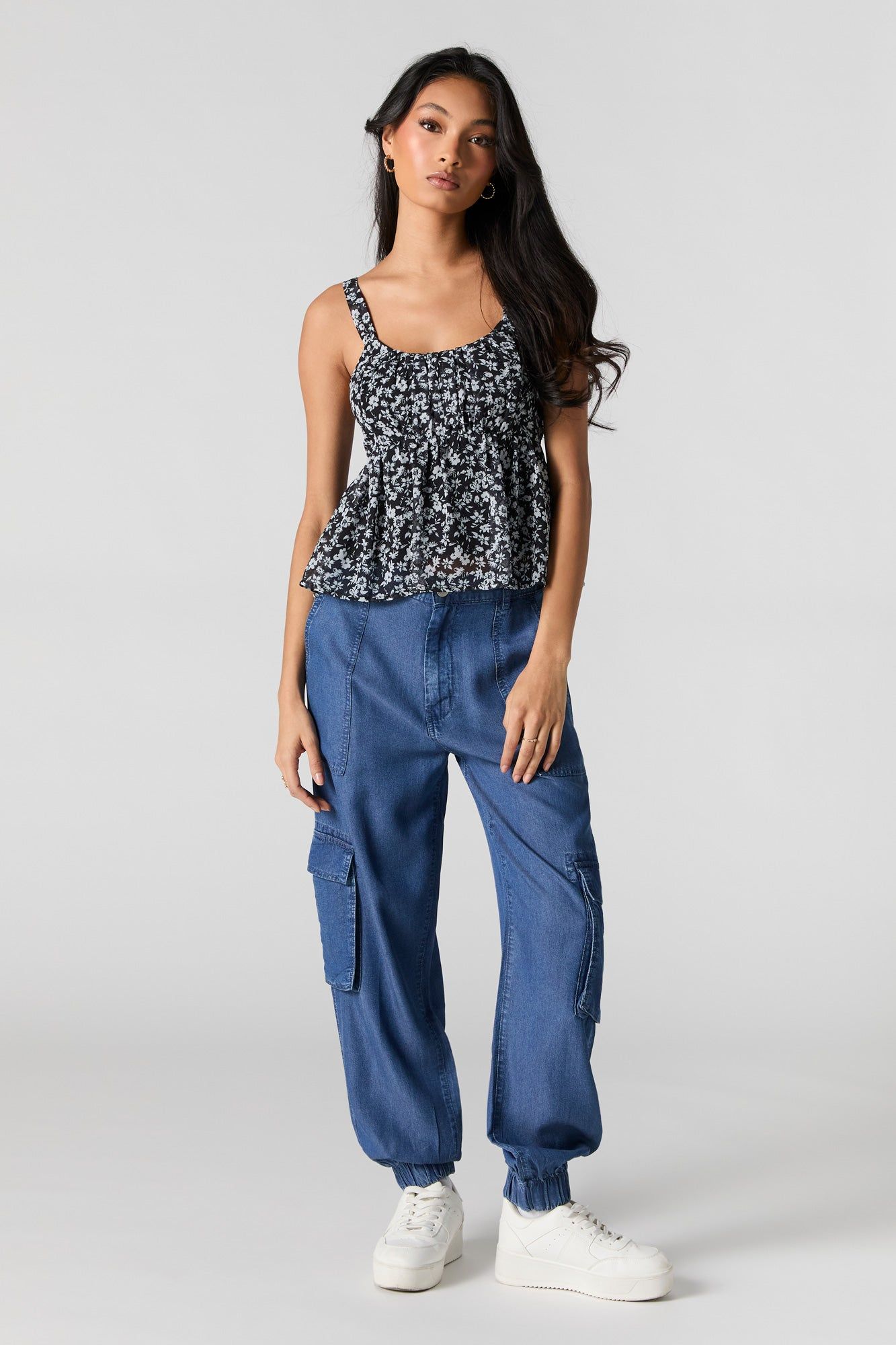 Black Floral Chiffon Milkmaid Babydoll Tank sold by Charlotte Russe product image thumbnail 3