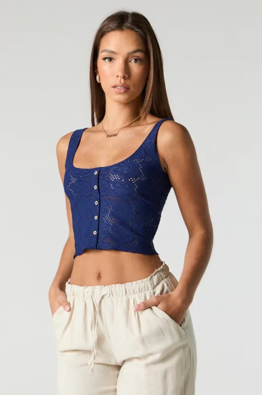 Eyelet Lace Button-Up Cropped Tank sold by Charlotte Russe