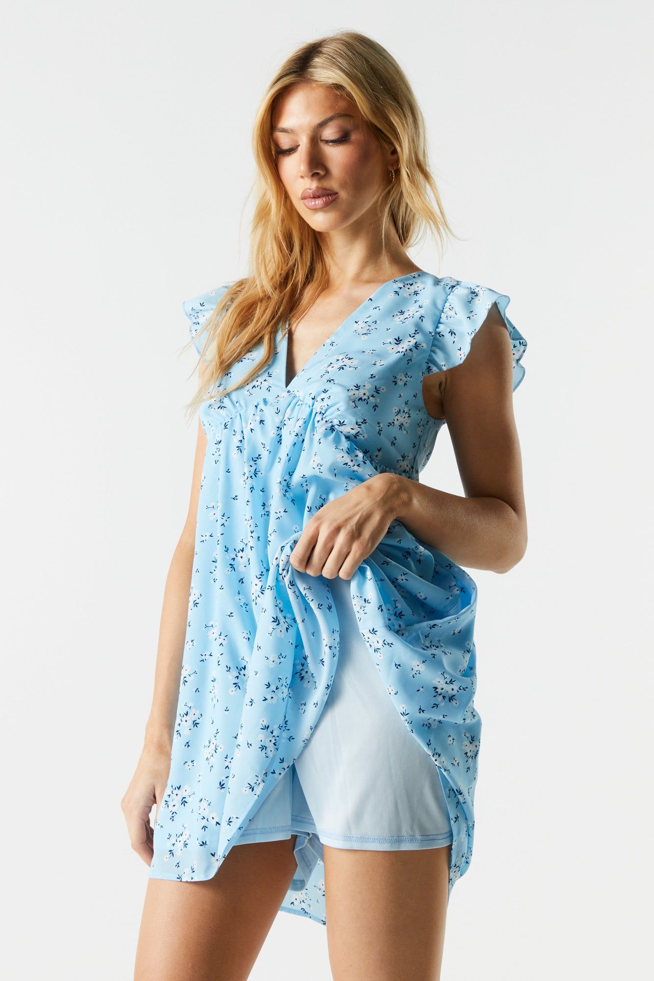 Blue Floral V-Neck Babydoll Dress sold by Charlotte Russe product image thumbnail 4