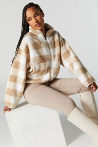 Checkered Sherpa Zip-Up Jacket sold by Charlotte Russe