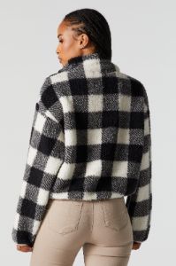 Checkered Sherpa Zip-Up Jacket sold by Charlotte Russe