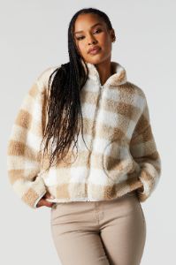 Checkered Sherpa Zip-Up Jacket sold by Charlotte Russe