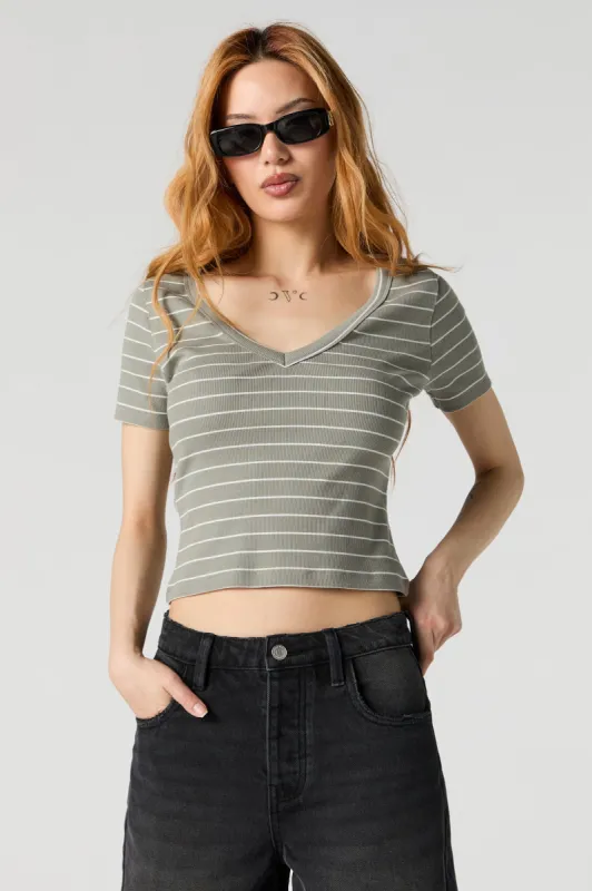 Striped Ribbed V-Neck Skimmer T-Shirt sold by Charlotte Russe