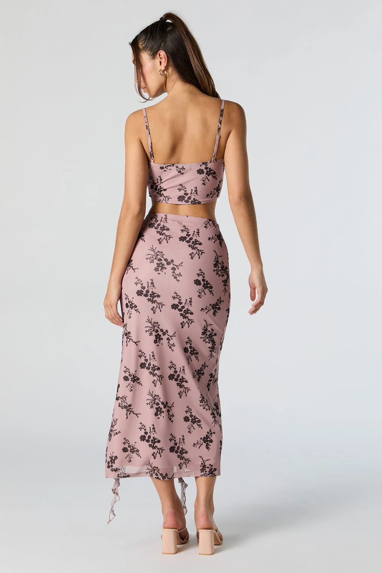 Printed Mesh Ruffle Slit Midi Skirt sold by Charlotte Russe product image thumbnail 3