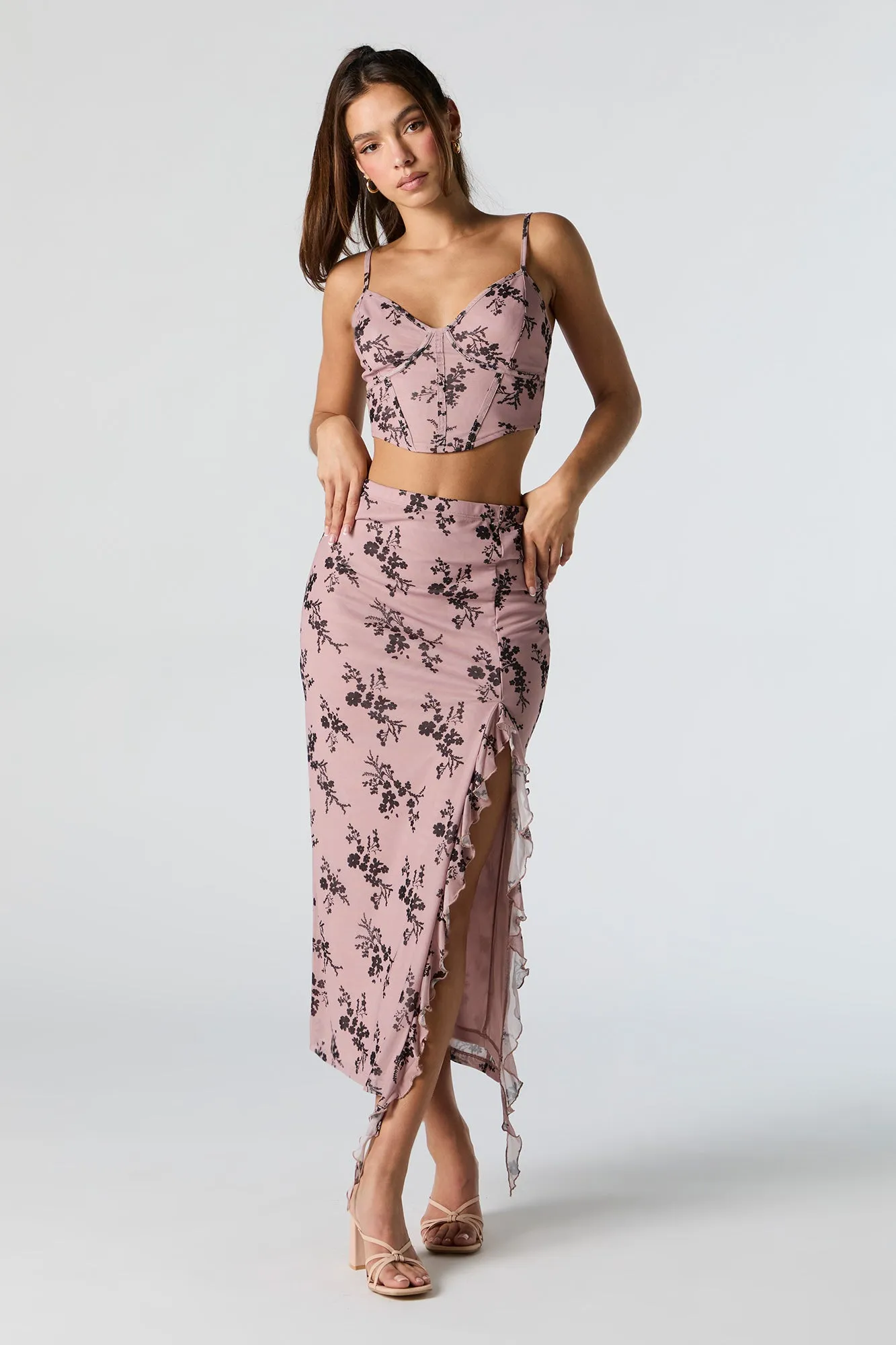 Printed Mesh Ruffle Slit Midi Skirt sold by Charlotte Russe