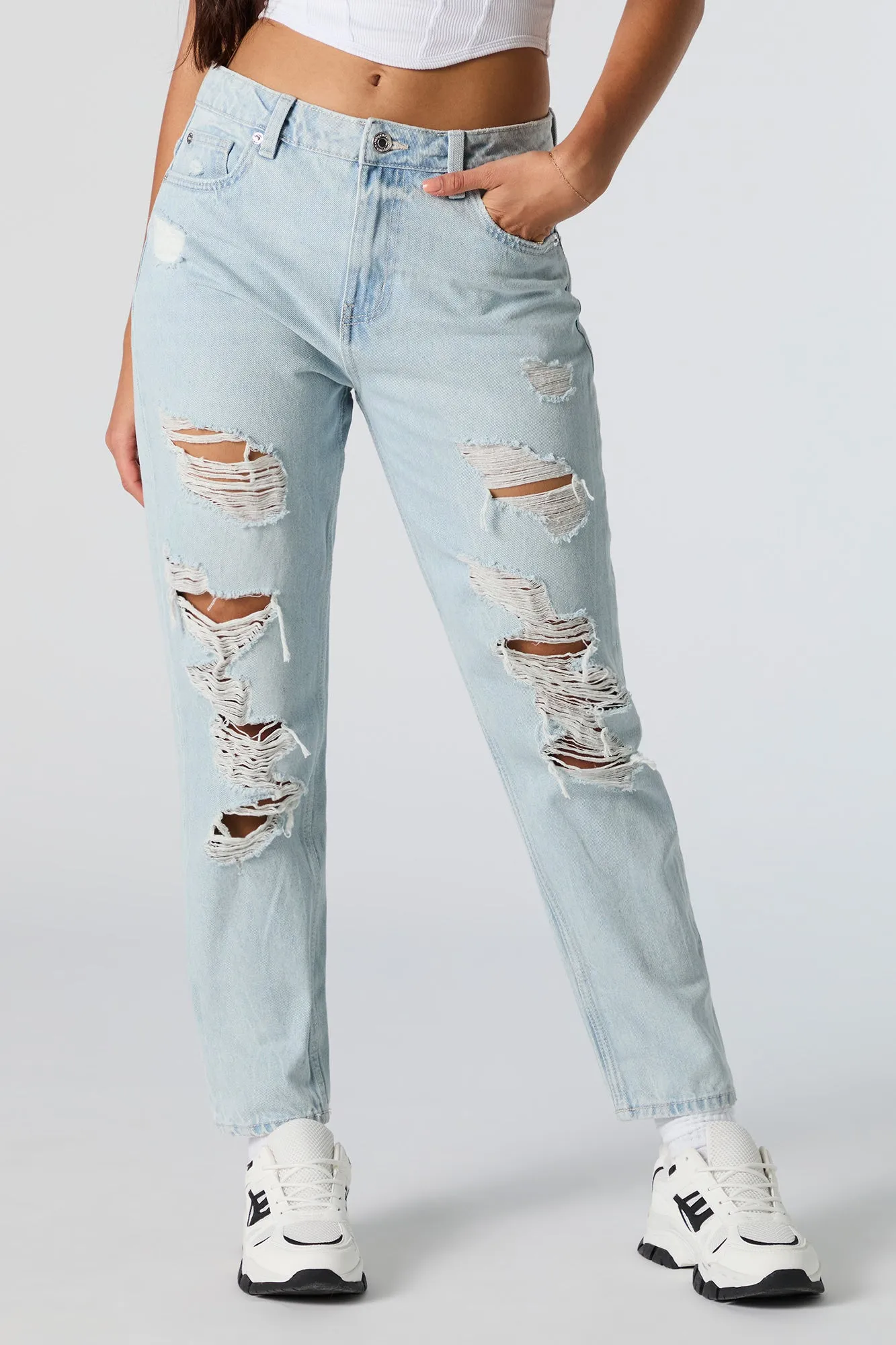 Distressed High Rise Light Wash Mom Jean sold by Charlotte Russe product image thumbnail 2