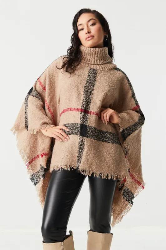 Tan Plaid Turtleneck Poncho sold by Charlotte Russe