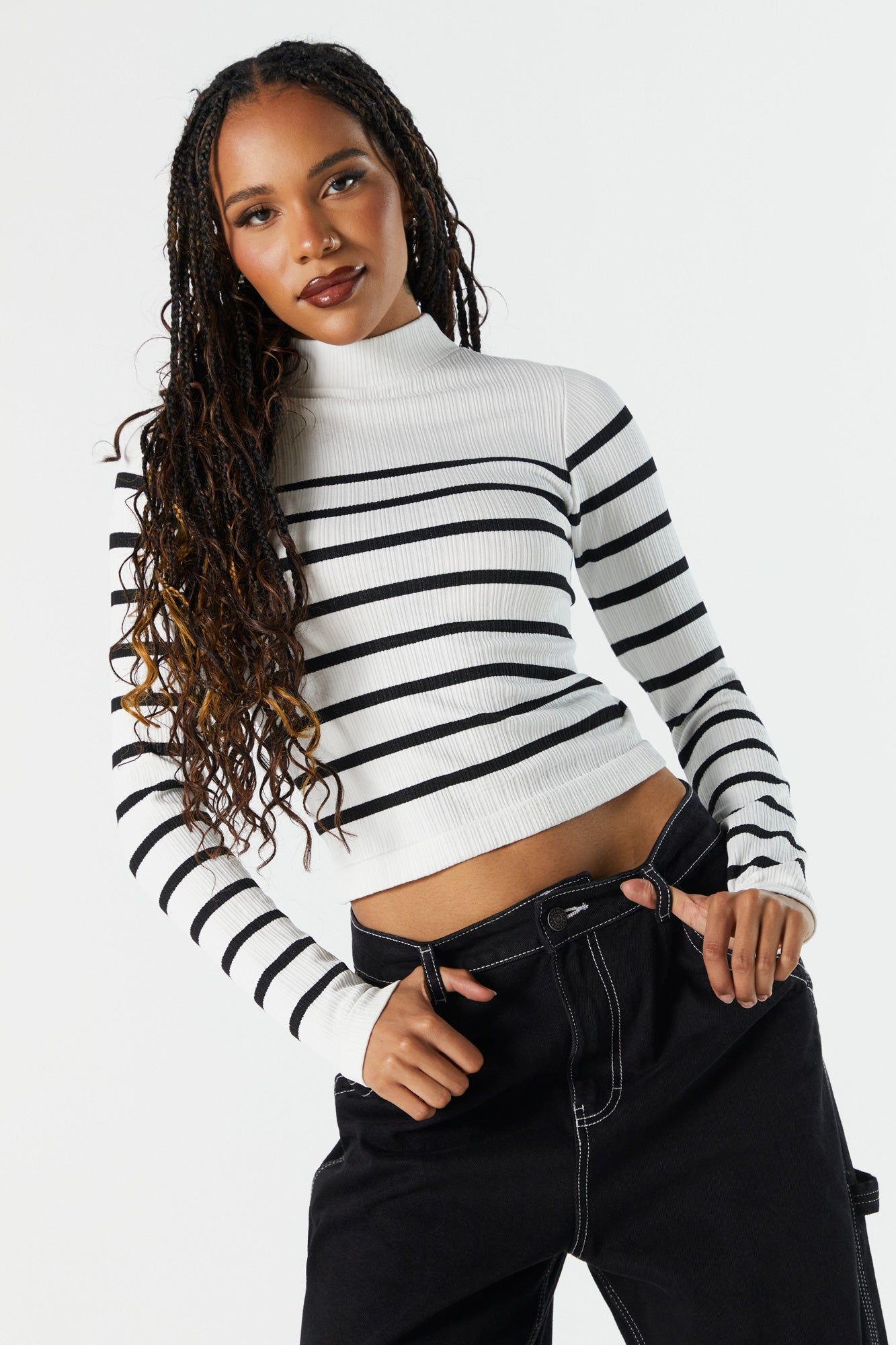 Striped Seamless Ribbed Mock Neck Long Sleeve Top sold by Charlotte Russe