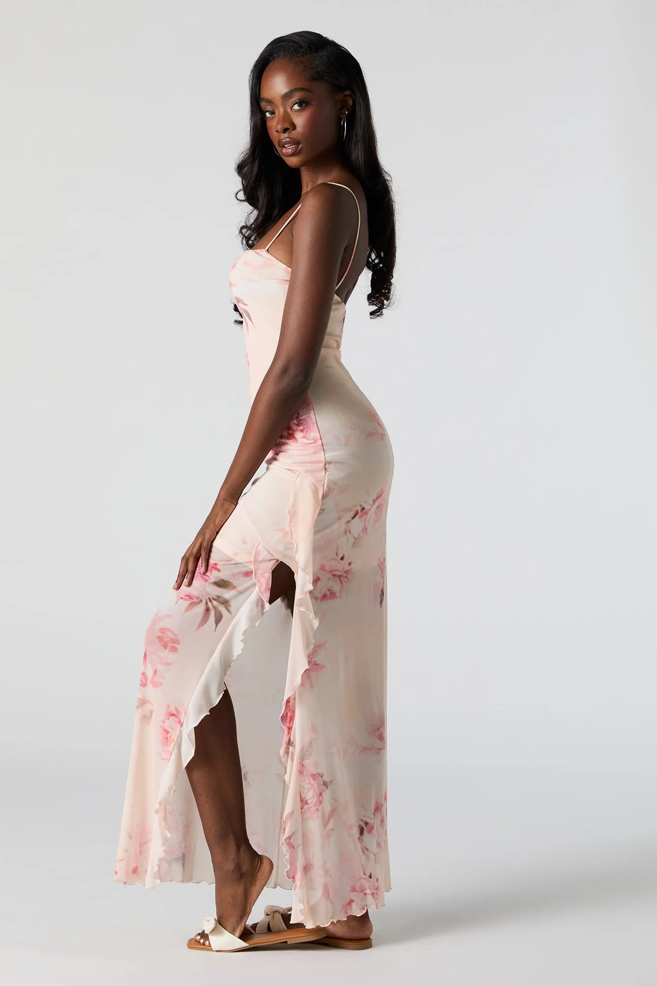 Floral Mesh Ruffled Slit Maxi Dress sold by Charlotte Russe product image thumbnail 3