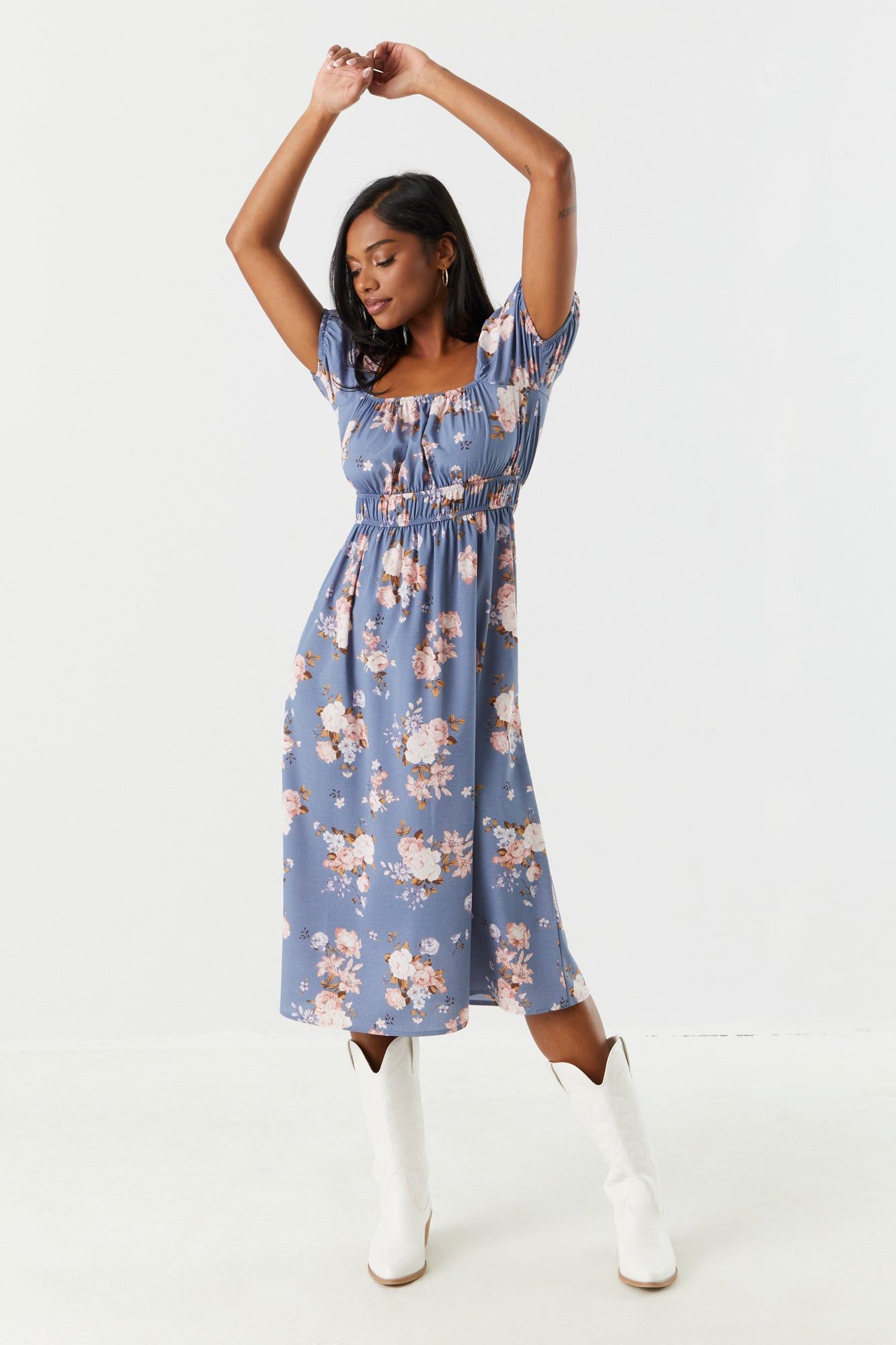 Blue Floral Milkmaid Midi Dress sold by Charlotte Russe