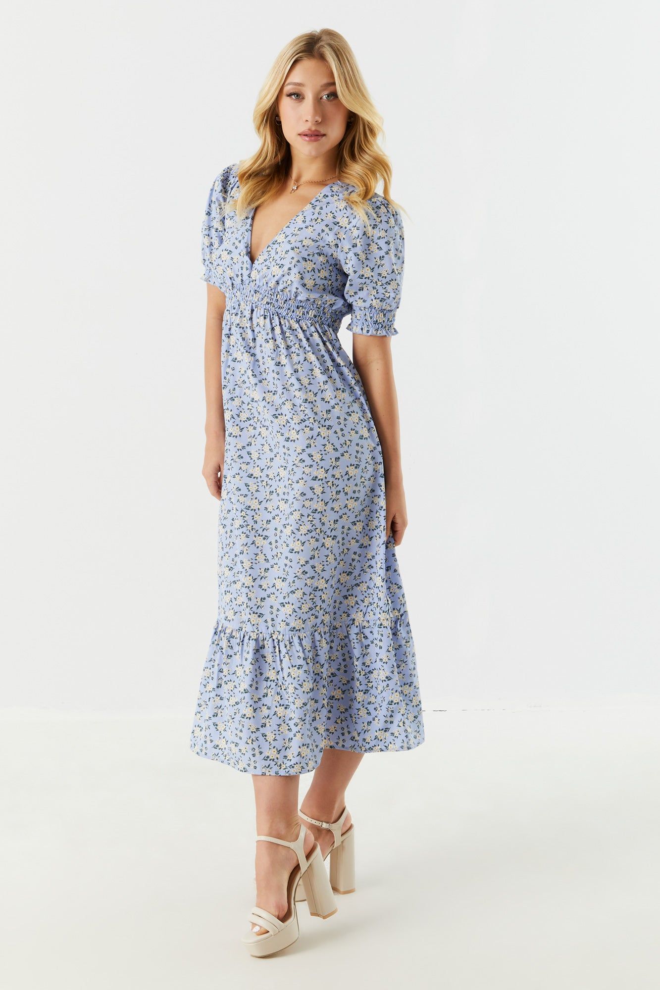 Blue Floral Print Tiered Midi Dress sold by Charlotte Russe product image thumbnail 3