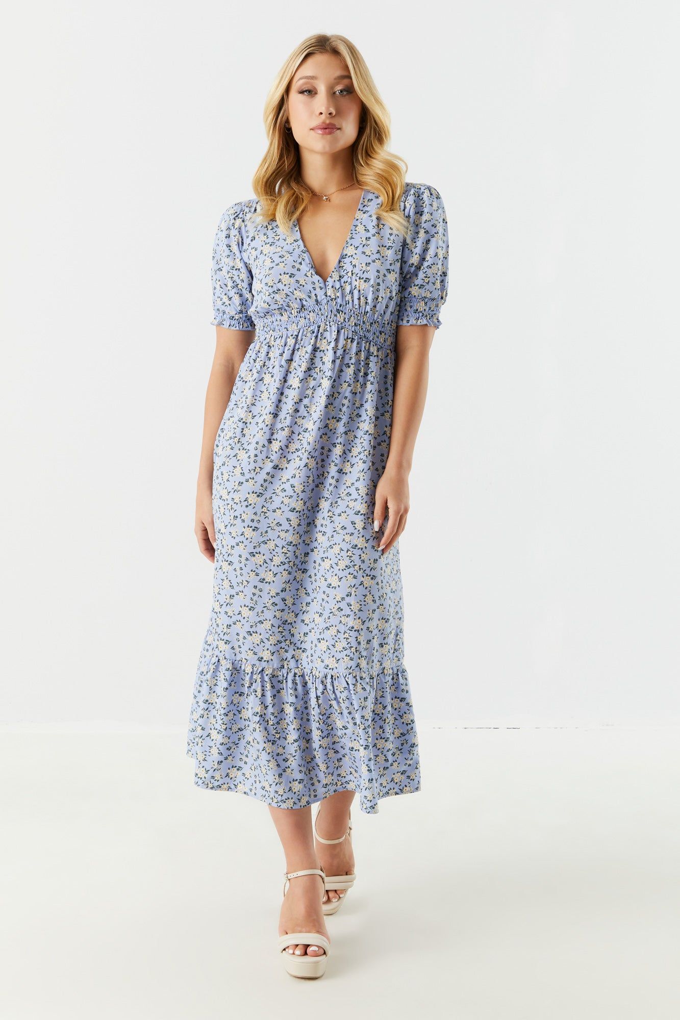 Blue Floral Print Tiered Midi Dress sold by Charlotte Russe