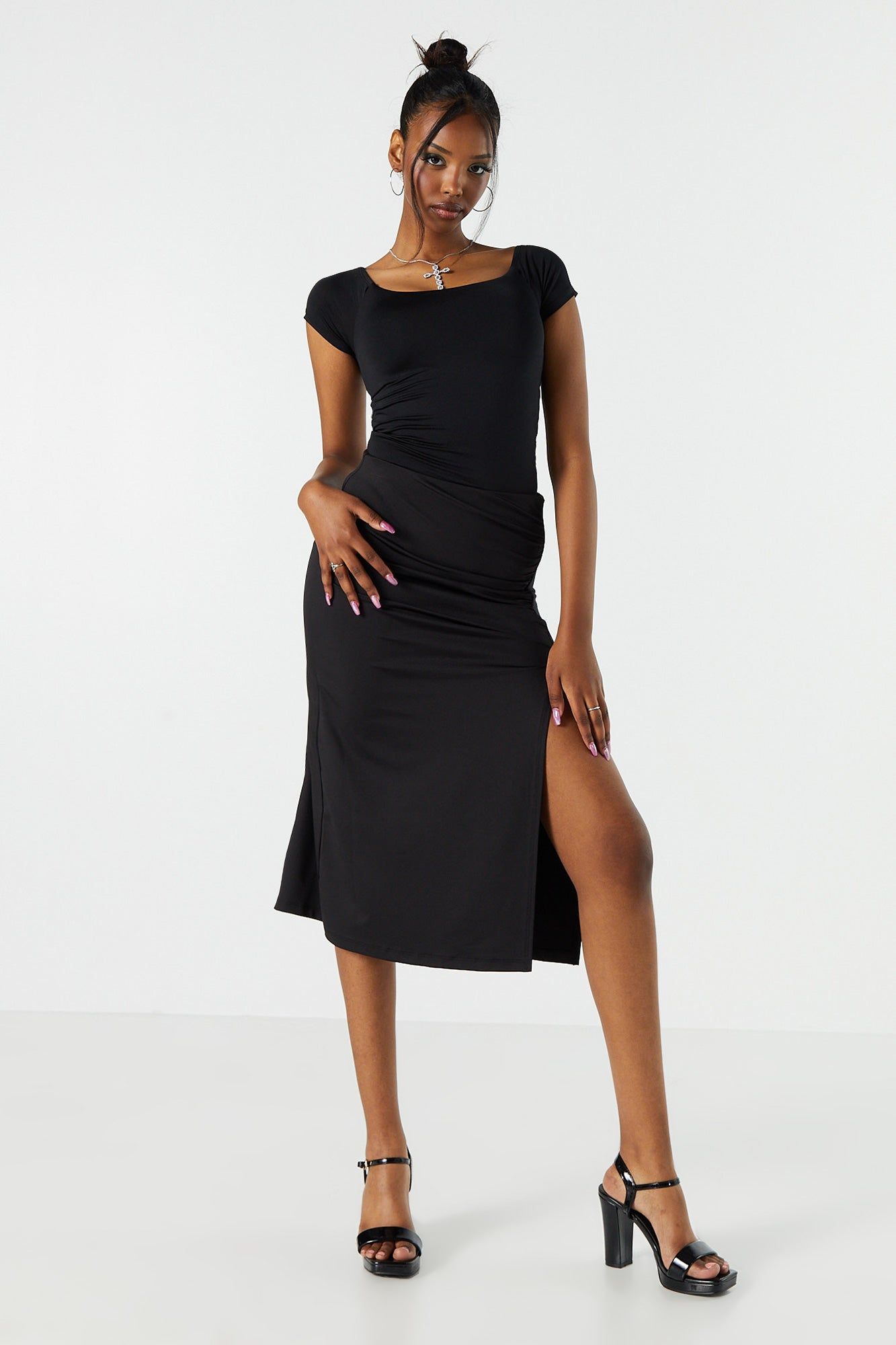 Ruched Slit Midi Skirt sold by Charlotte Russe