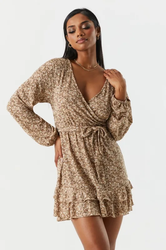 Brown Floral Surplice Long Sleeve Mini Dress sold by Charlotte Russe