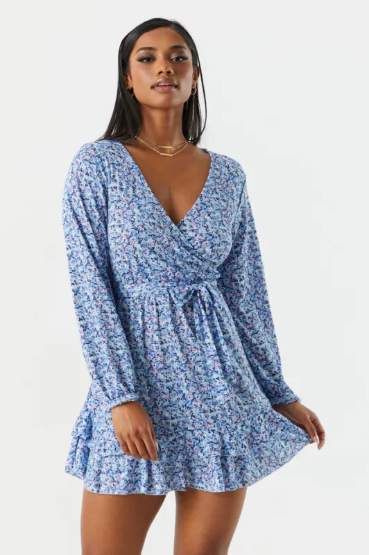 Blue Floral Surplice Long Sleeve Mini Dress sold by Charlotte Russe
