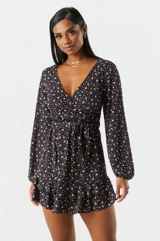 Floral Surplice Long Sleeve Mini Dress sold by Charlotte Russe