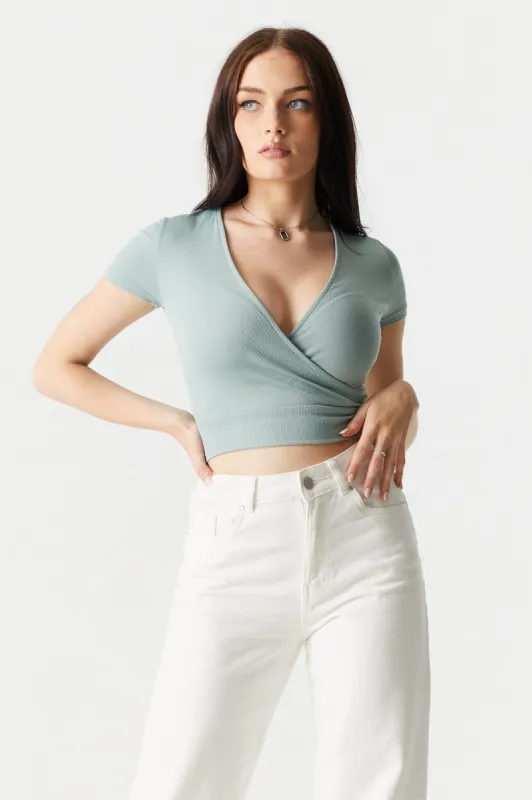 Soft Ribbed Surplice V-Neck Crop Top sold by Charlotte Russe