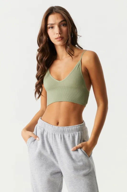 Dark Green Seamless Ribbed V-Neck Bralette sold by Charlotte Russe