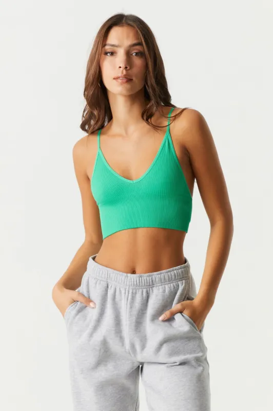 Green Seamless Ribbed V-Neck Bralette sold by Charlotte Russe