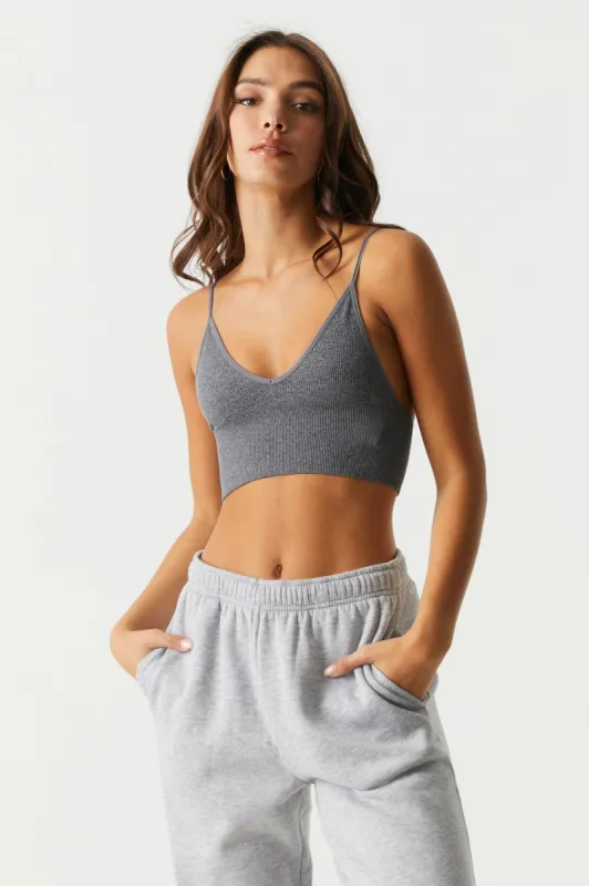 Grey Seamless Ribbed V-Neck Bralette sold by Charlotte Russe