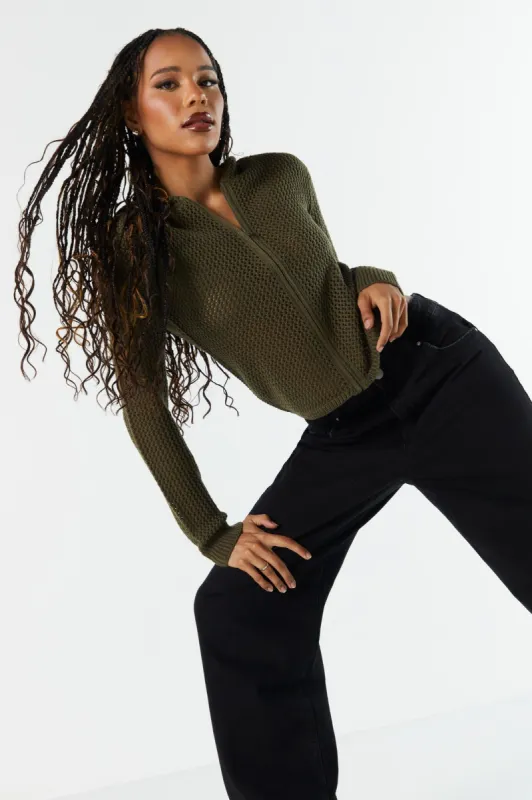 Open Knit Zip-Up Cropped Hoodie sold by Charlotte Russe