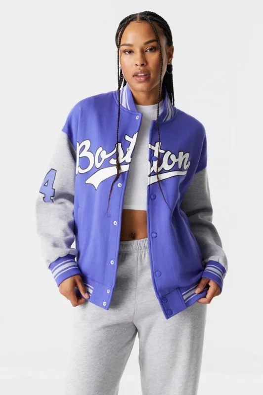 Boston Graphic Oversized Varsity Jacket sold by Charlotte Russe