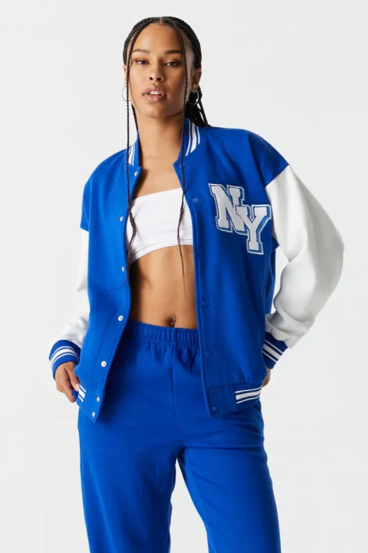 Chenille New York Patch Oversized Varsity Jacket sold by Charlotte Russe