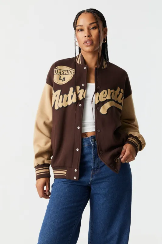 Authentic Graphic Oversized Varsity Jacket sold by Charlotte Russe