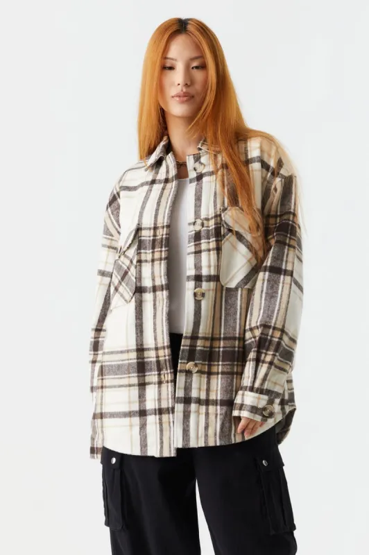 Plaid Sherpa Lined Flannel Shirt sold by Charlotte Russe
