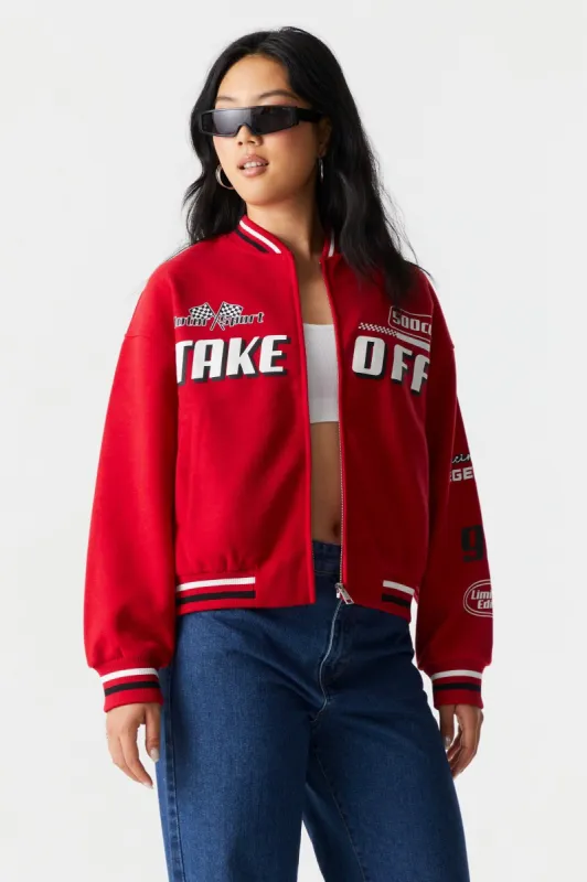 Take Off Graphic Fleece Varsity Jacket sold by Charlotte Russe