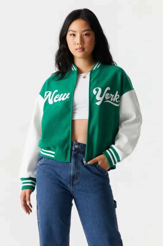 New York Graphic Fleece Varsity Jacket sold by Charlotte Russe