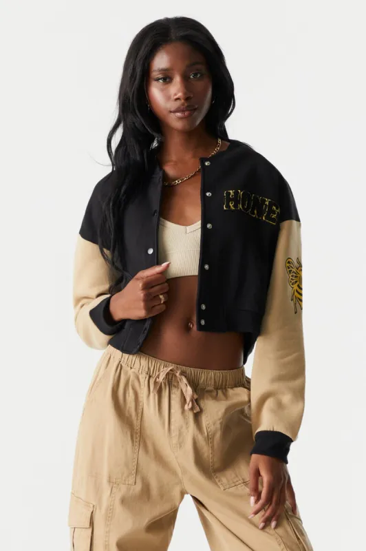 Chenille Embroidered Honey Varsity Jacket sold by Charlotte Russe