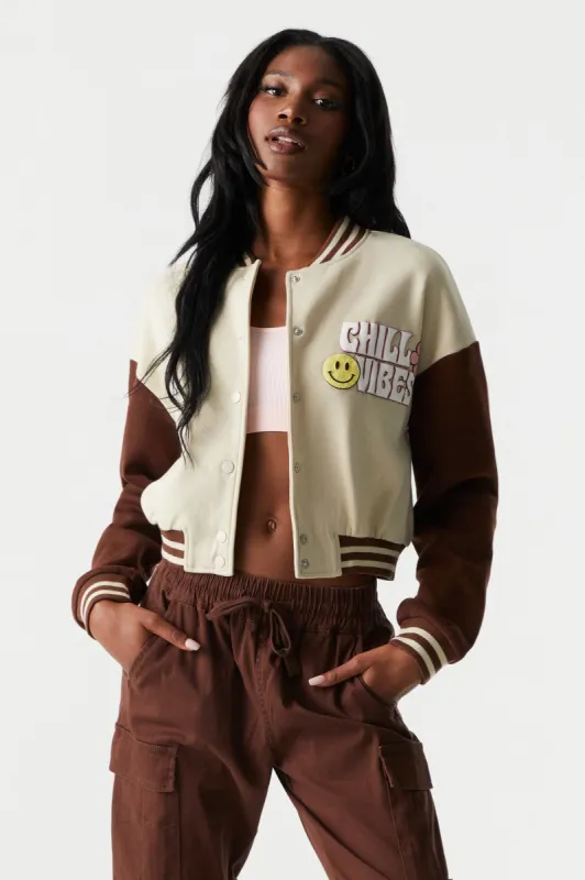 Chill Vibes Graphic Varsity Jacket sold by Charlotte Russe