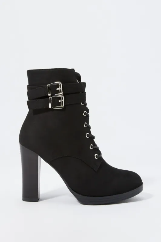 Faux-Suede Lace-Up Buckled Platform Boot sold by Charlotte Russe