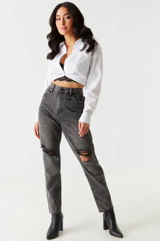 Refuge Ultra High-Rise Distressed Black Washed Mom Jean sold by Charlotte Russe