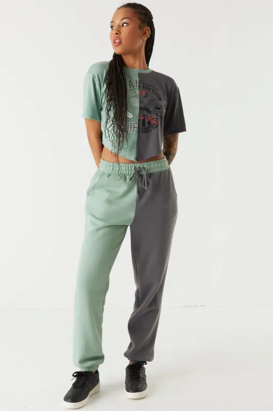 Drawstring Green Fleece Spliced Jogger sold by Charlotte Russe