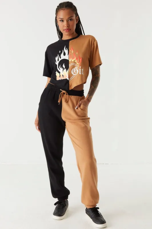 Drawstring Brown Fleece Spliced Jogger sold by Charlotte Russe