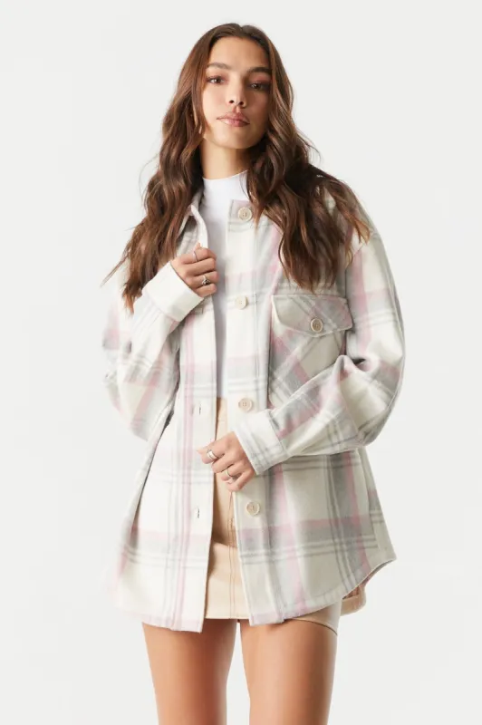 Pink Plaid Brushed Flannel Shacket sold by Charlotte Russe