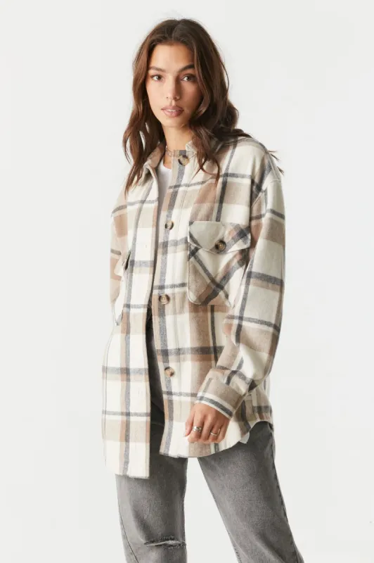 Tan Plaid Brushed Flannel Shacket sold by Charlotte Russe