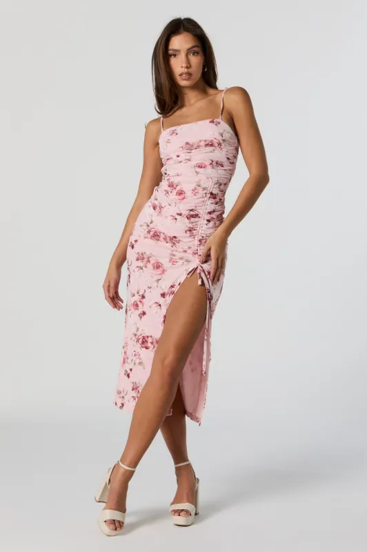 Rose Print Mesh Ruched Slit Midi Dress sold by Charlotte Russe