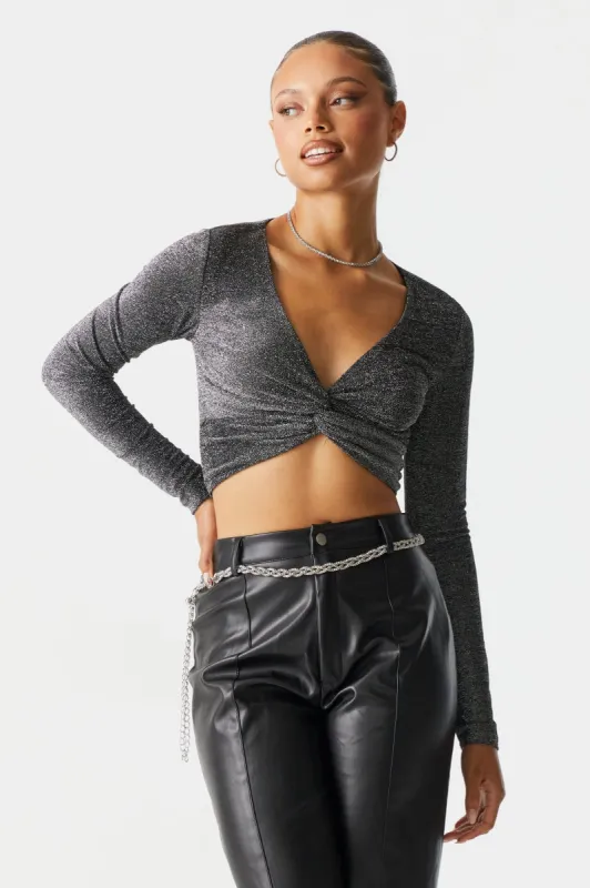 Slinky Sparkly Knot Long Sleeve Crop Top sold by Charlotte Russe