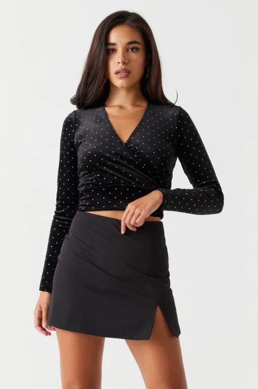 Surplice Rhinestone Velour Crop Top sold by Charlotte Russe