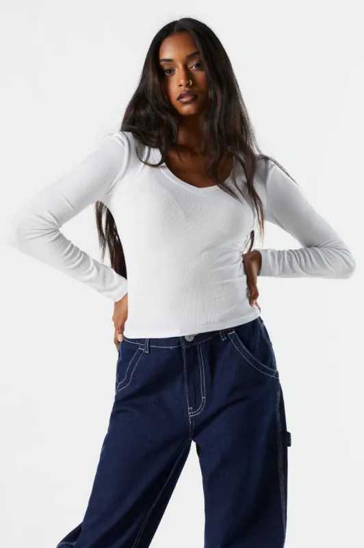 Basic Ribbed V-Neck Long Sleeve Top sold by Charlotte Russe